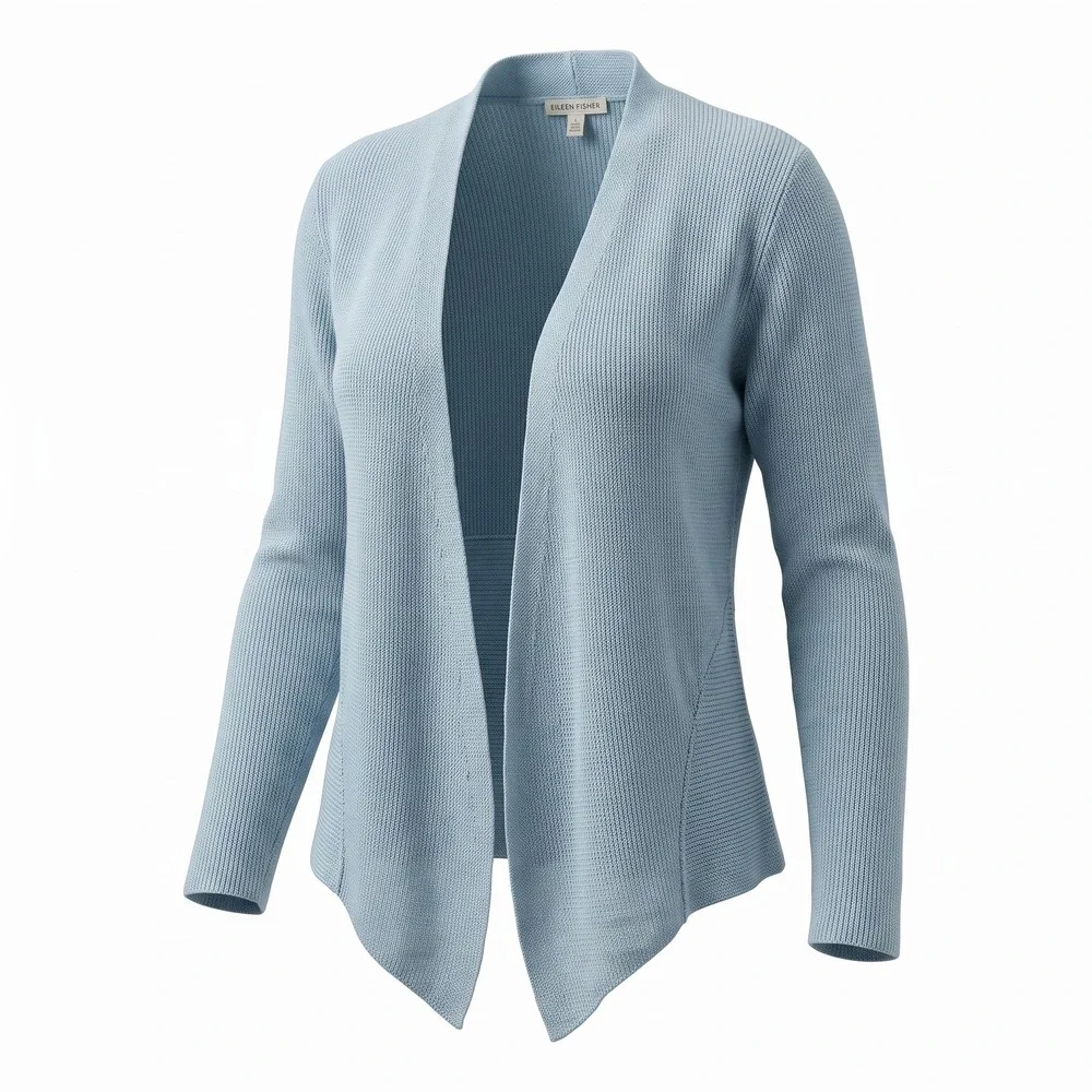 Eileen Fisher Linen Cardigan M Blue Open Front Handkerchief Hem Coastal Minimal